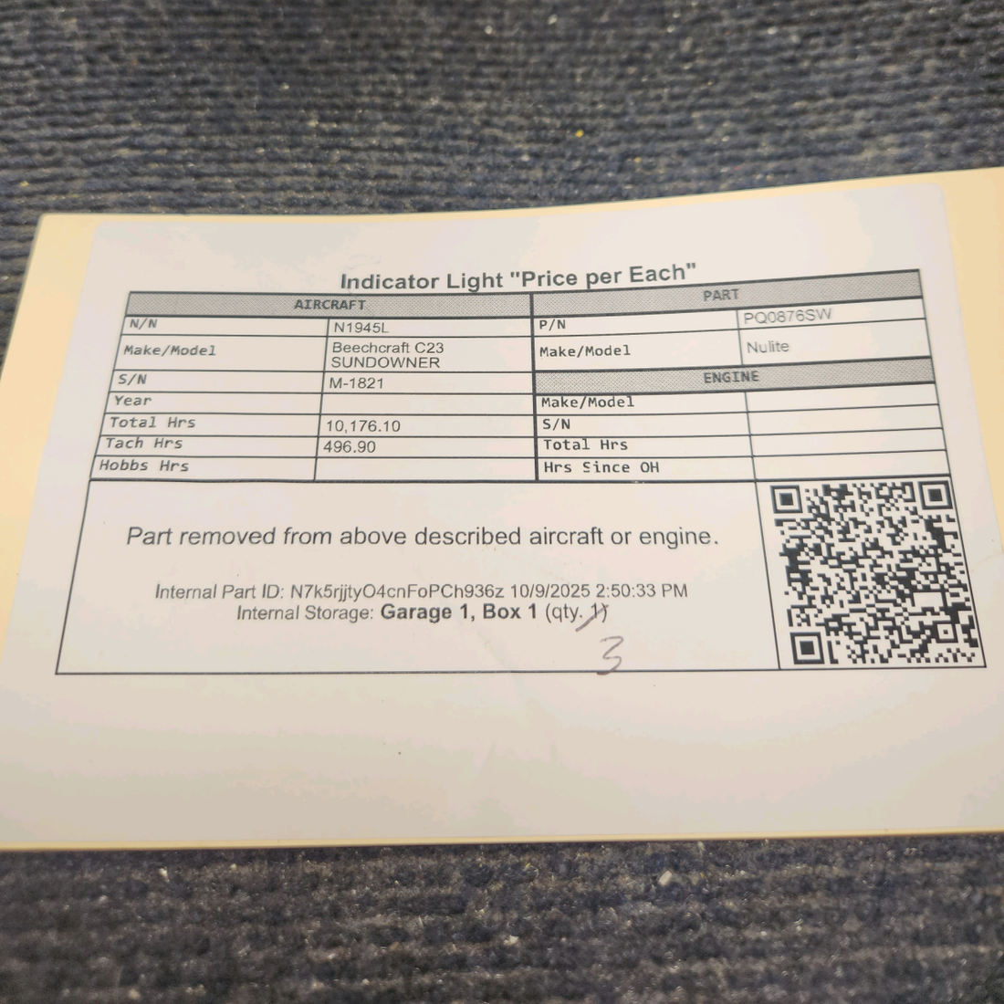Used aircraft parts for sale, PQ0876SW Nulite Beechcraft C23 SUNDOWNER Indicator Light – Price Per Each