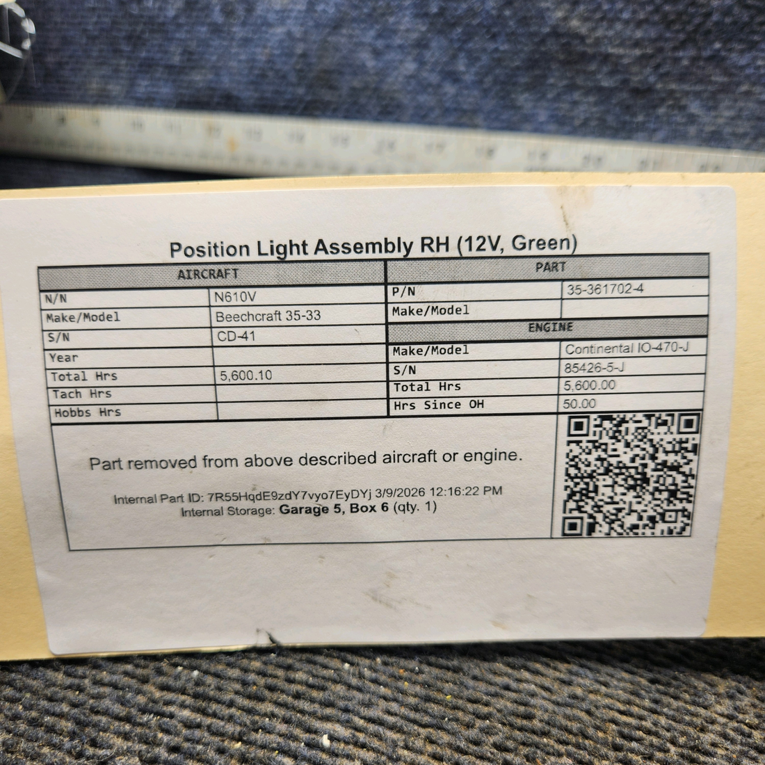 Used aircraft parts for sale, 35-361702-4 Beechcraft 35-33 Position Light Assembly RH (12V, Green)