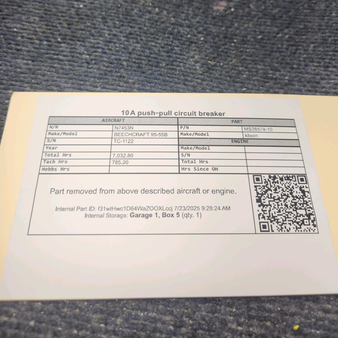 Used aircraft parts for sale, MS26574-10 klixon BEECHCRAFT 95-55B Push-Pull Circuit Breaker - 10 Amps