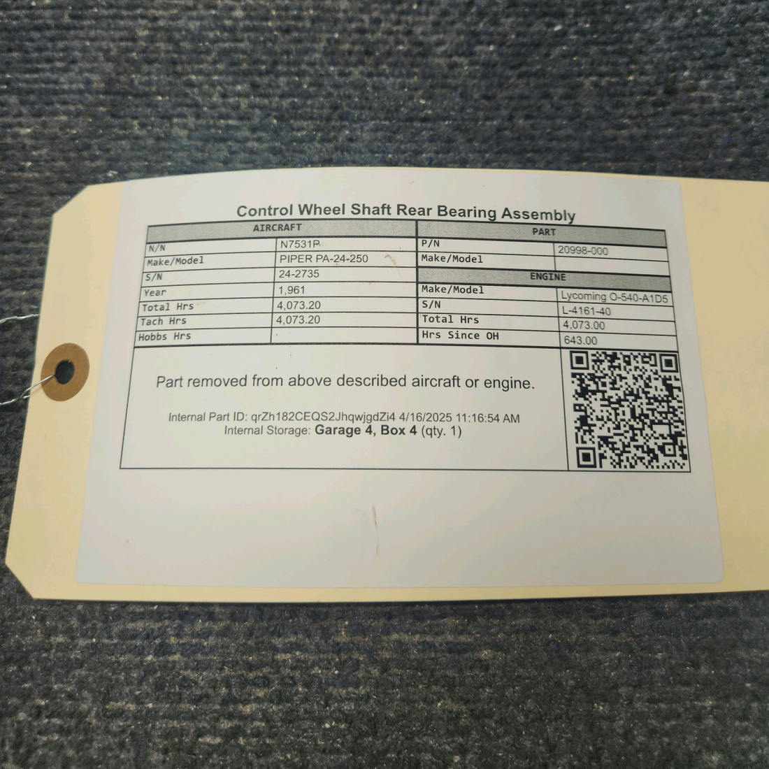 Used aircraft parts for sale, 20998-000 PIPER PA-24-250 Control Wheel Shaft Rear Bearing Assembly