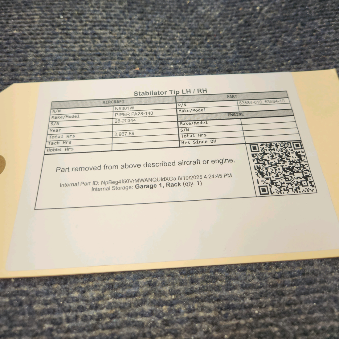 Used aircraft parts for sale, 63584-010 PIPER PA28-140 Stabilator  Tip LH/RH