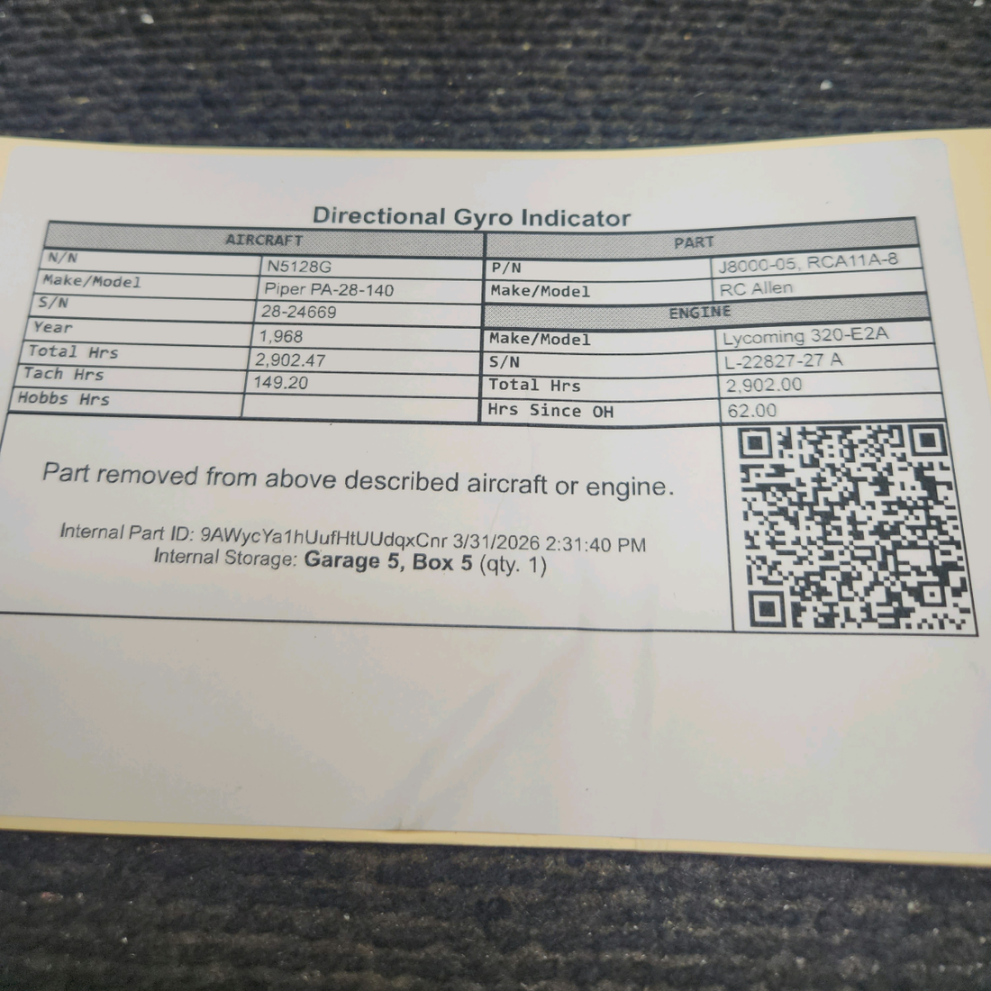 Used aircraft parts for sale, J8000-05 RC Allen Piper PA-28-140 Directional Gyro Indicator