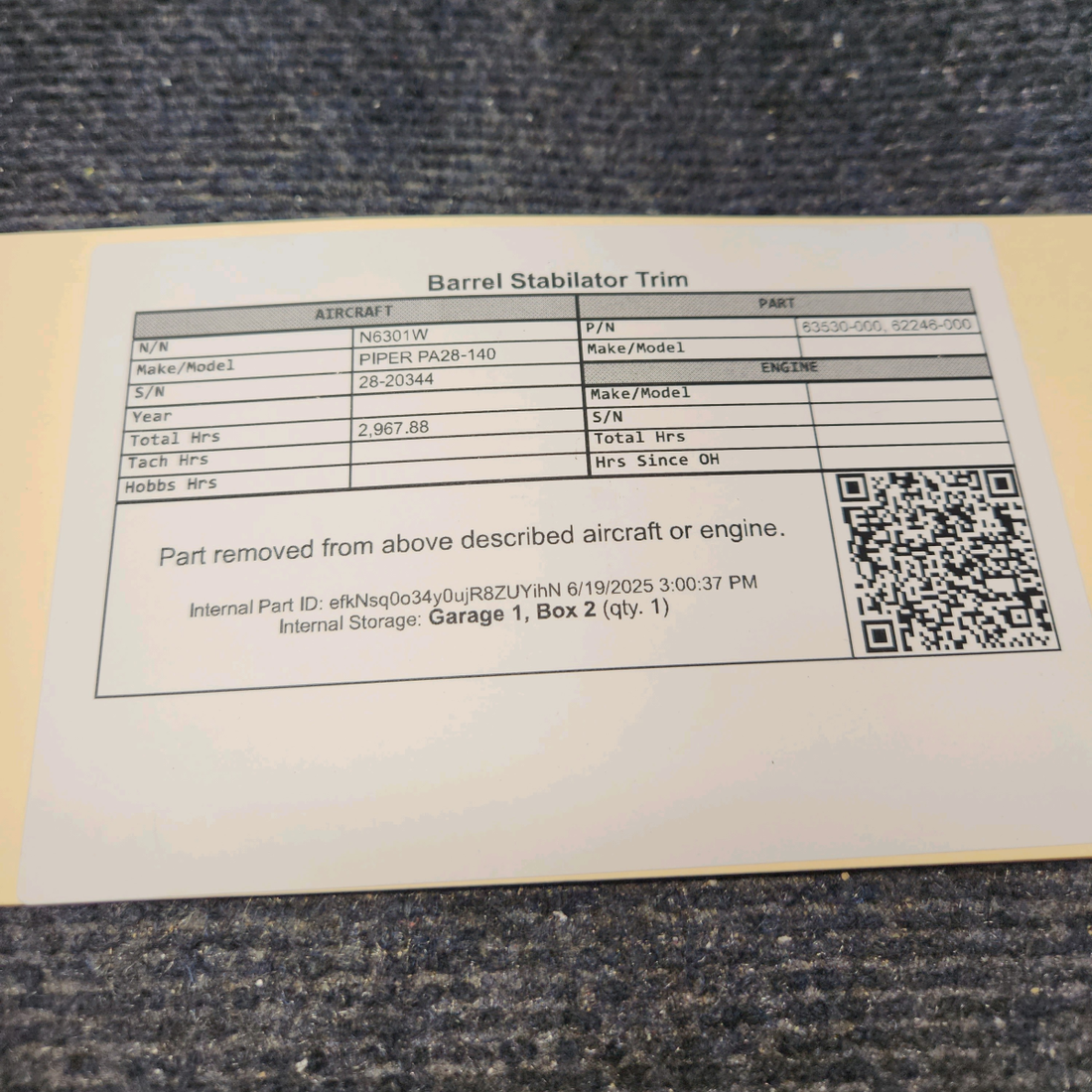 Used aircraft parts for sale, 63530-000 PIPER PA28-140 Barrel Stabilator Trim
