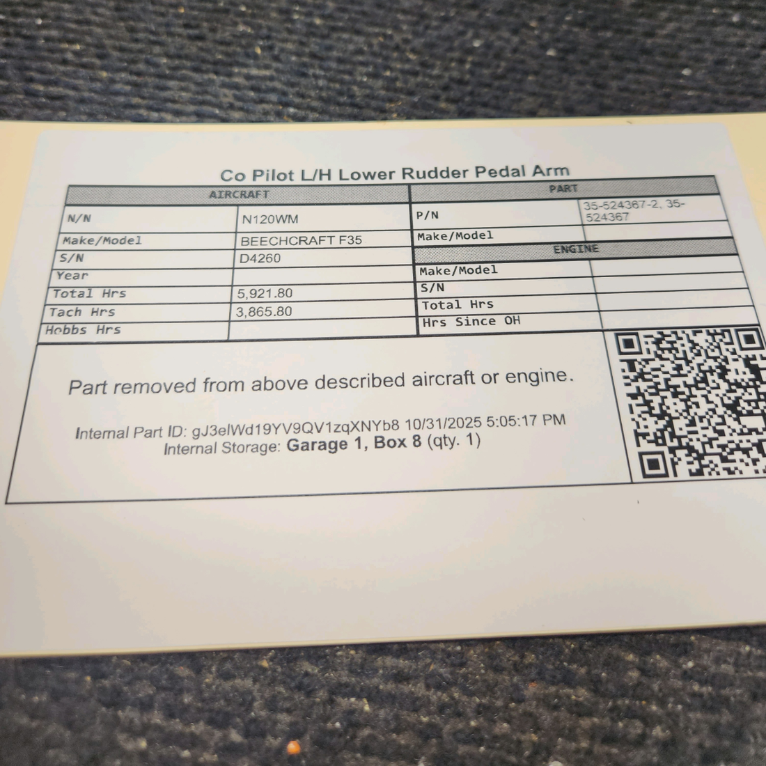 Used aircraft parts for sale, 35-524367-2 BEECHCRAFT F35 Co-Pilot Lower Rudder Pedal Arm - LH