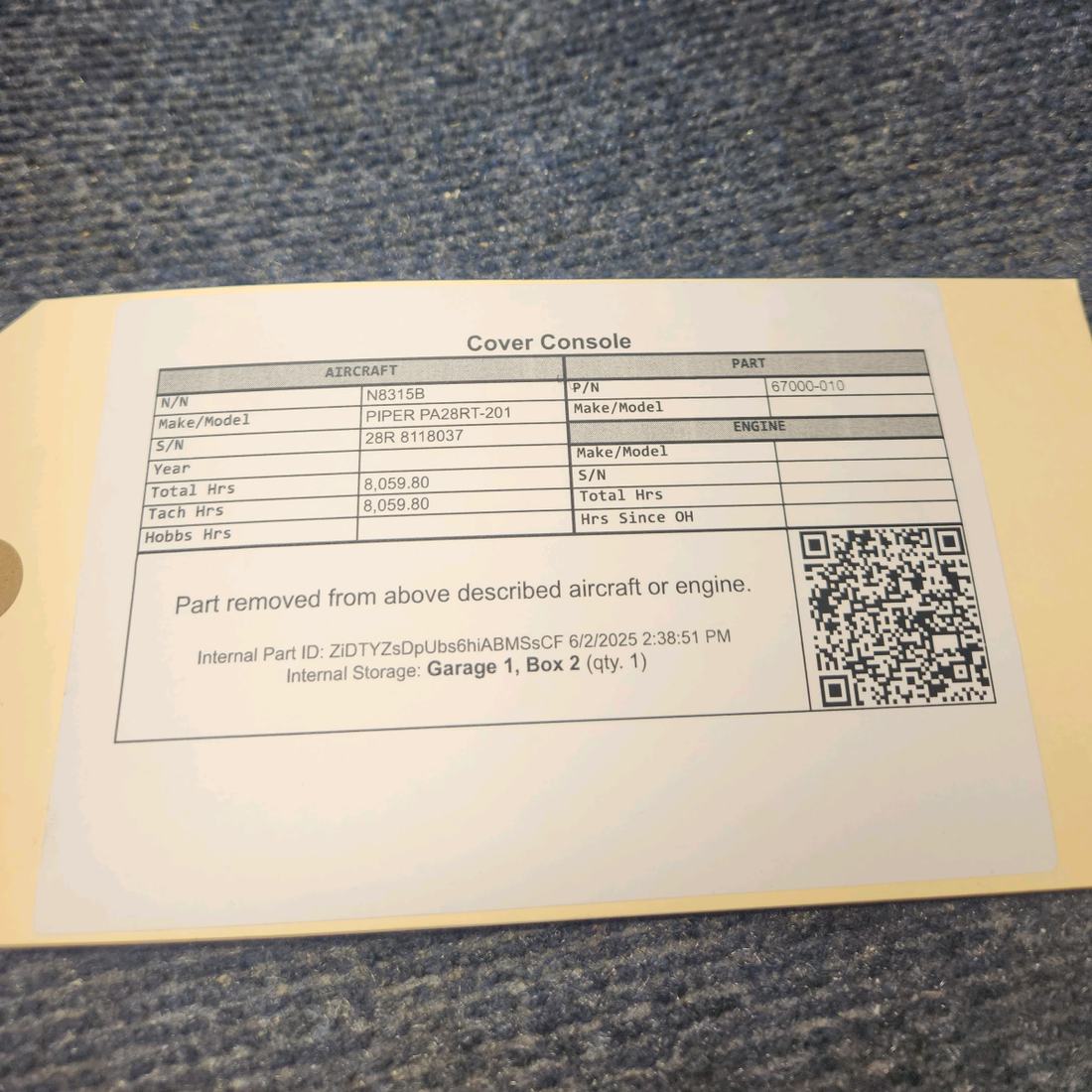 Used aircraft parts for sale, 67330-010 PIPER PA28RT-201 Cover Console