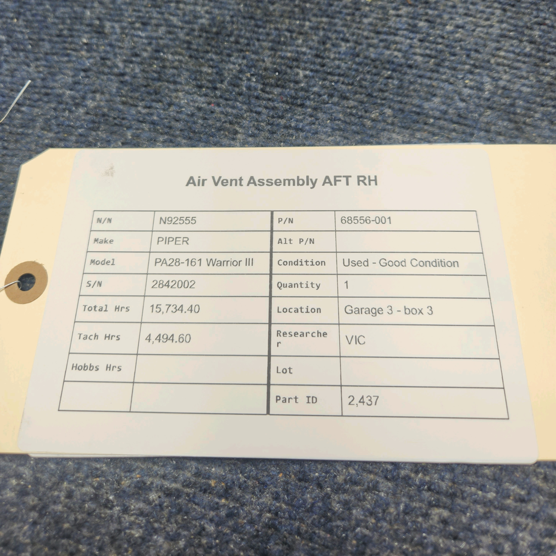 Used aircraft parts for sale, 68556-001 PIPER PA28-161 Warrior III AIR VENT ASSEMBLY AFT RH