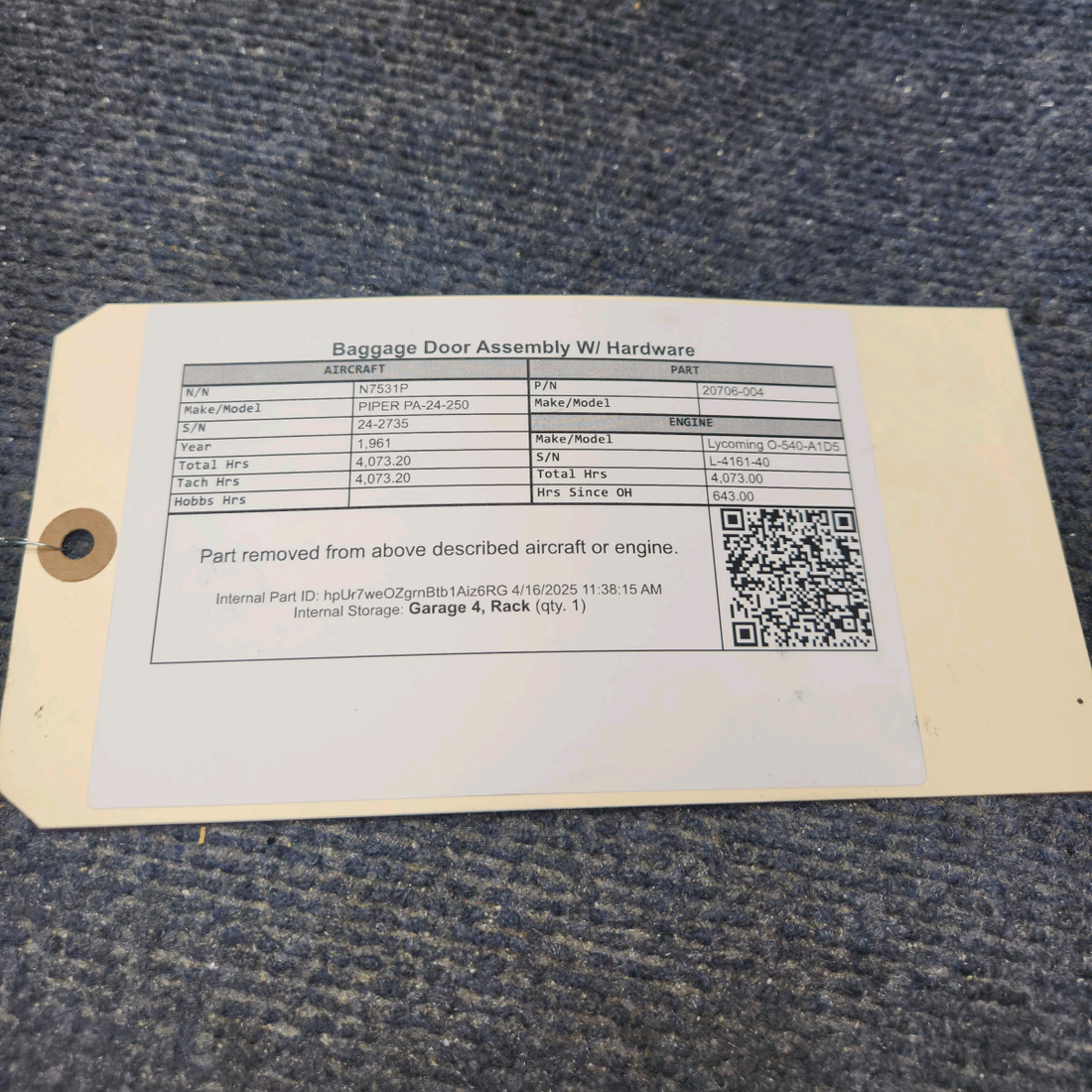 Used aircraft parts for sale, 20706-004 PIPER PA-24-250 Baggage Door Assembly W/ Hardware