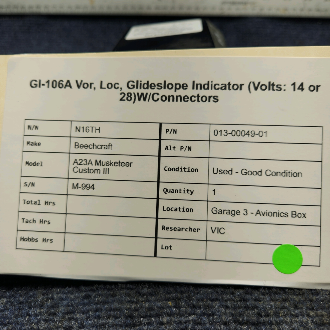Used aircraft parts for sale, 013-00049-01 Garmin  [part_model] Beechcraft A23A Musketeer Custom III GI-106A VOR, LOC, GLIDESLOPE INDICATOR (VOLTS: 14 OR 28)W/CONNECTORS