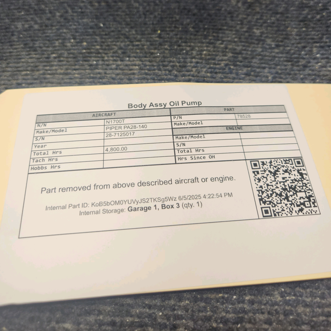 Used aircraft parts for sale, 78528 Lycoming O-320 PIPER PA28-140 Body Assy Oil Pump