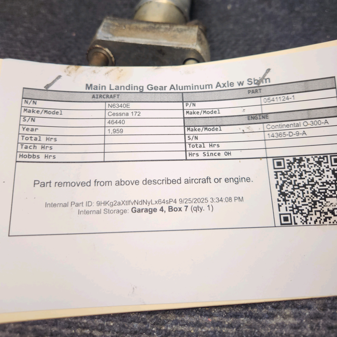 Used aircraft parts for sale, 0541124-1 Cessna 172 Main Landing Gear Aluminum Axle w Shim