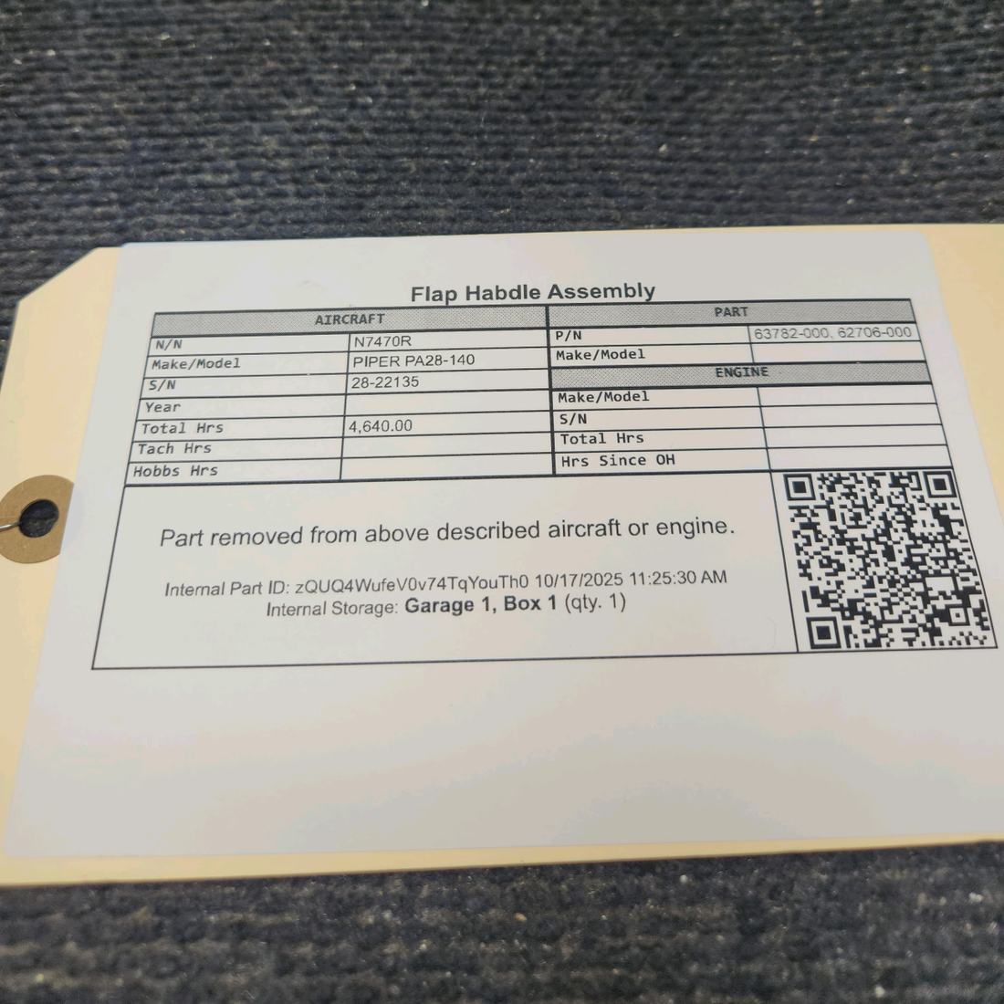 Used aircraft parts for sale, 63782-000 PIPER PA28-140 Flap Handle Assembly