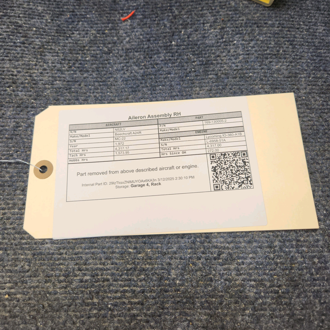 Used aircraft parts for sale, 169-130005-2 Beechcraft A24R Aileron Assembly RH "HAS A SUPERFICIAL CORROSION"-SEE PHOTOS