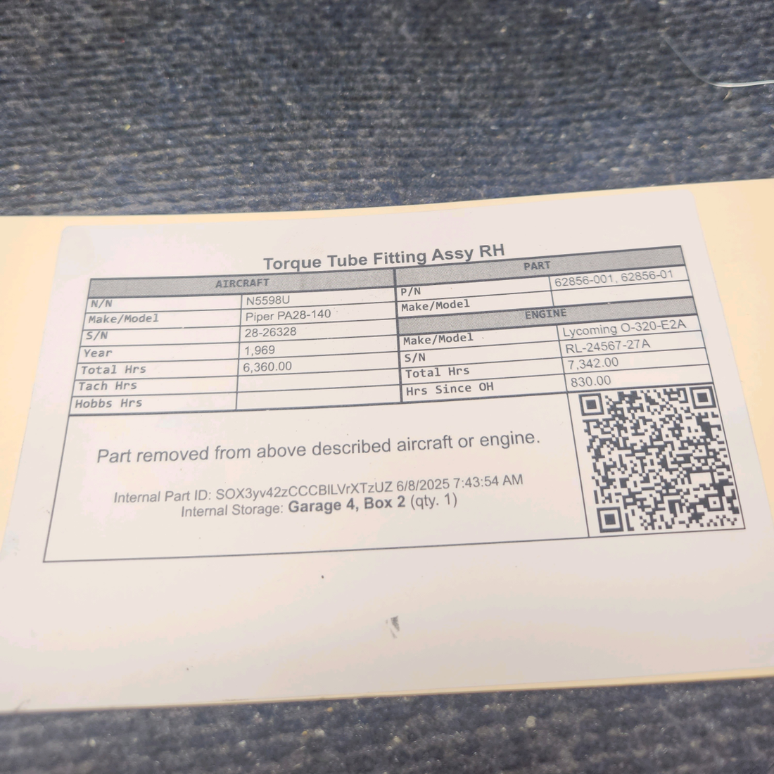 Used aircraft parts for sale, 62856-001 Piper PA28-140 Torque Tube Fitting Assy RH