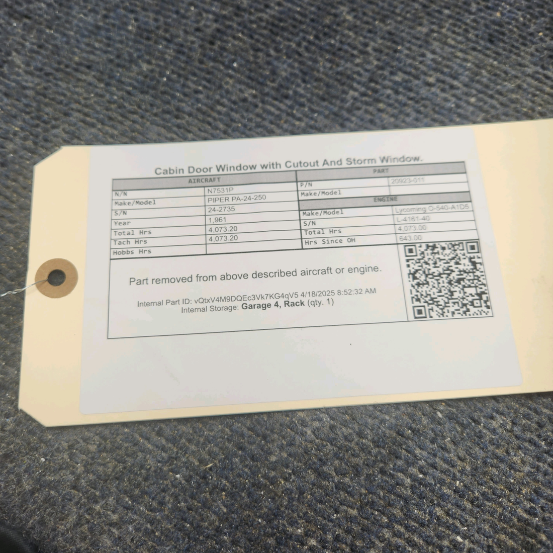 Used aircraft parts for sale, 20923-011 PIPER PA-24-250 Cabin Door Window with Cutout And Storm Window.
