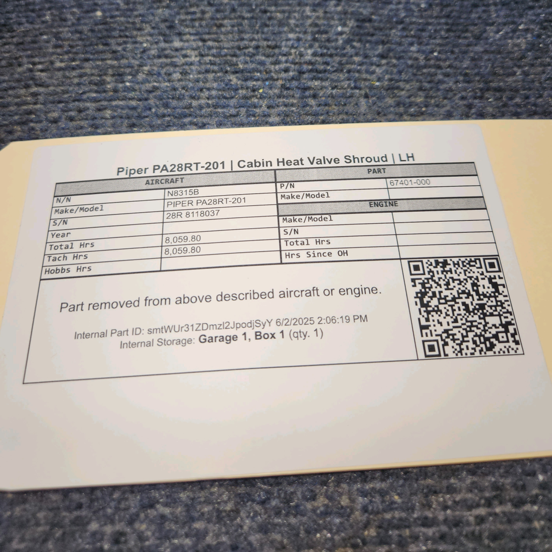 Used aircraft parts for sale, 68556-001 PIPER PA28RT-201 Cabin Vent Valve  - RH