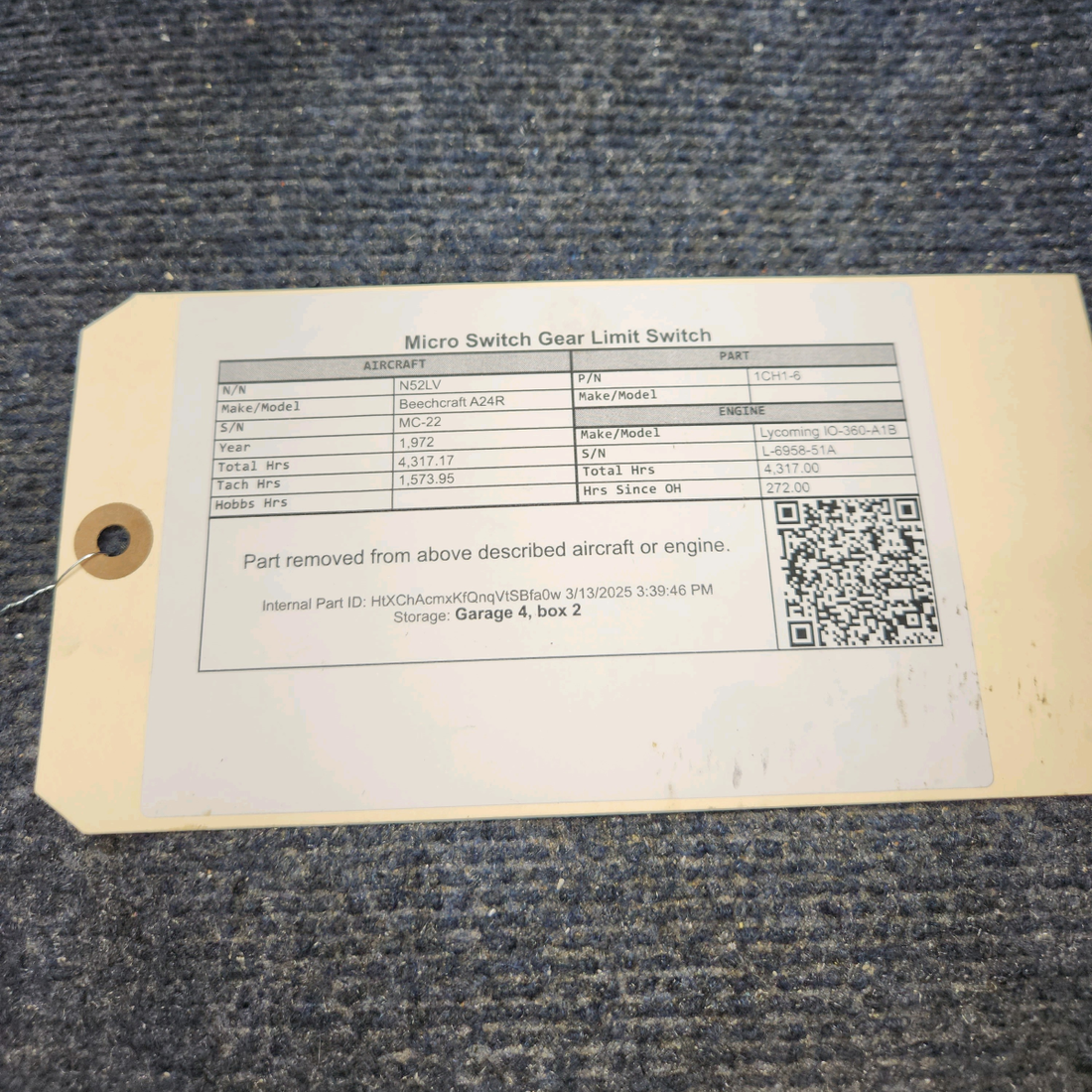 Used aircraft parts for sale, 1CH1-6 Beechcraft A24R Micro Switch Gear Limit Switch