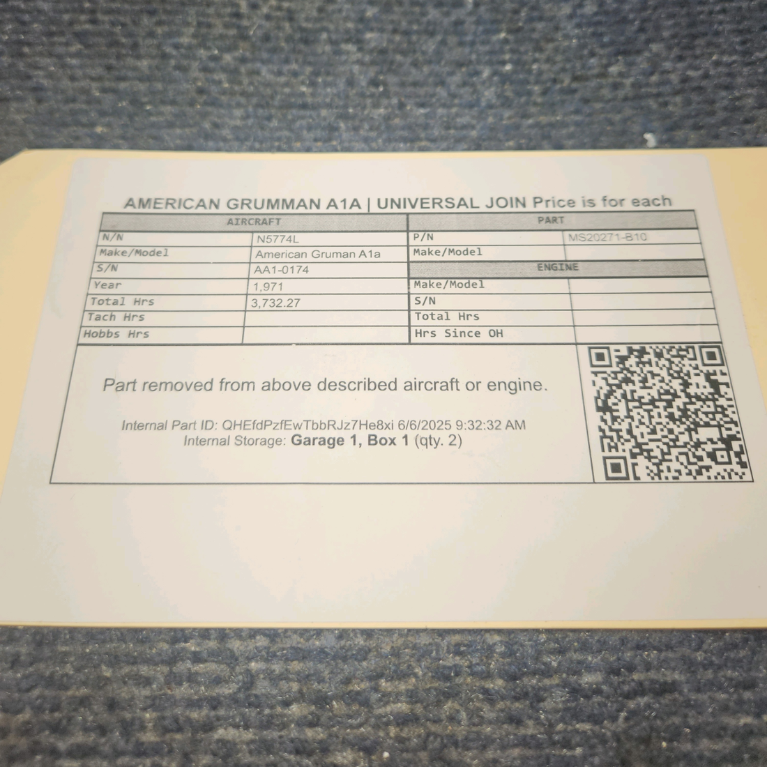 Used aircraft parts for sale, MS20271-B10 American Gruman A1A Universal Join  Price is for each