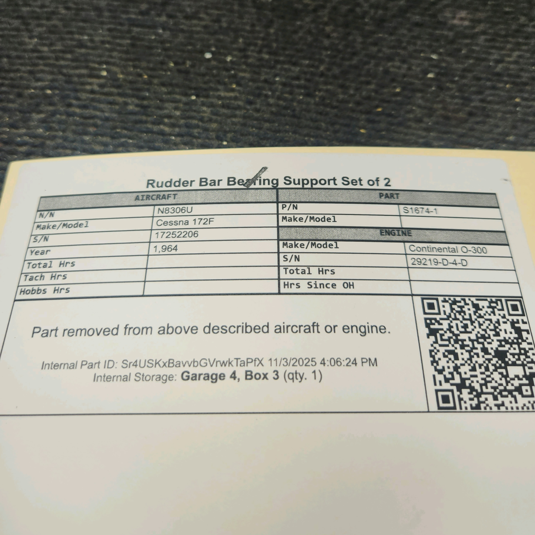 Used aircraft parts for sale, S1674-1 Cessna 172F Rudder Bar Bearing Support - Set of 2