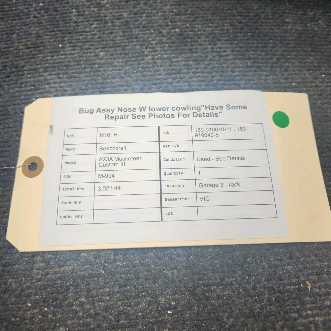 Used aircraft parts for sale, 169-910040-11 , 169-910040-5 Beechcraft A23A Musketeer Custom III BUG ASSY NOSE W LOWER COWLING"HAVE SOME REPAIR SEE PHOTOS FOR DETAILS"