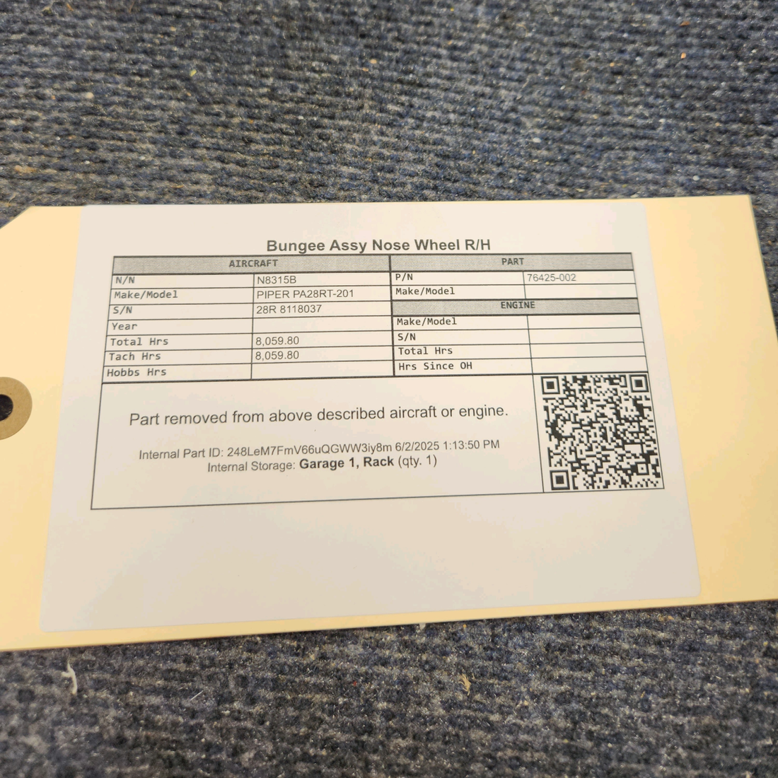 Used aircraft parts for sale, 76425-002 PIPER PA28RT-201 Bungee Assy Nose Wheel R.H