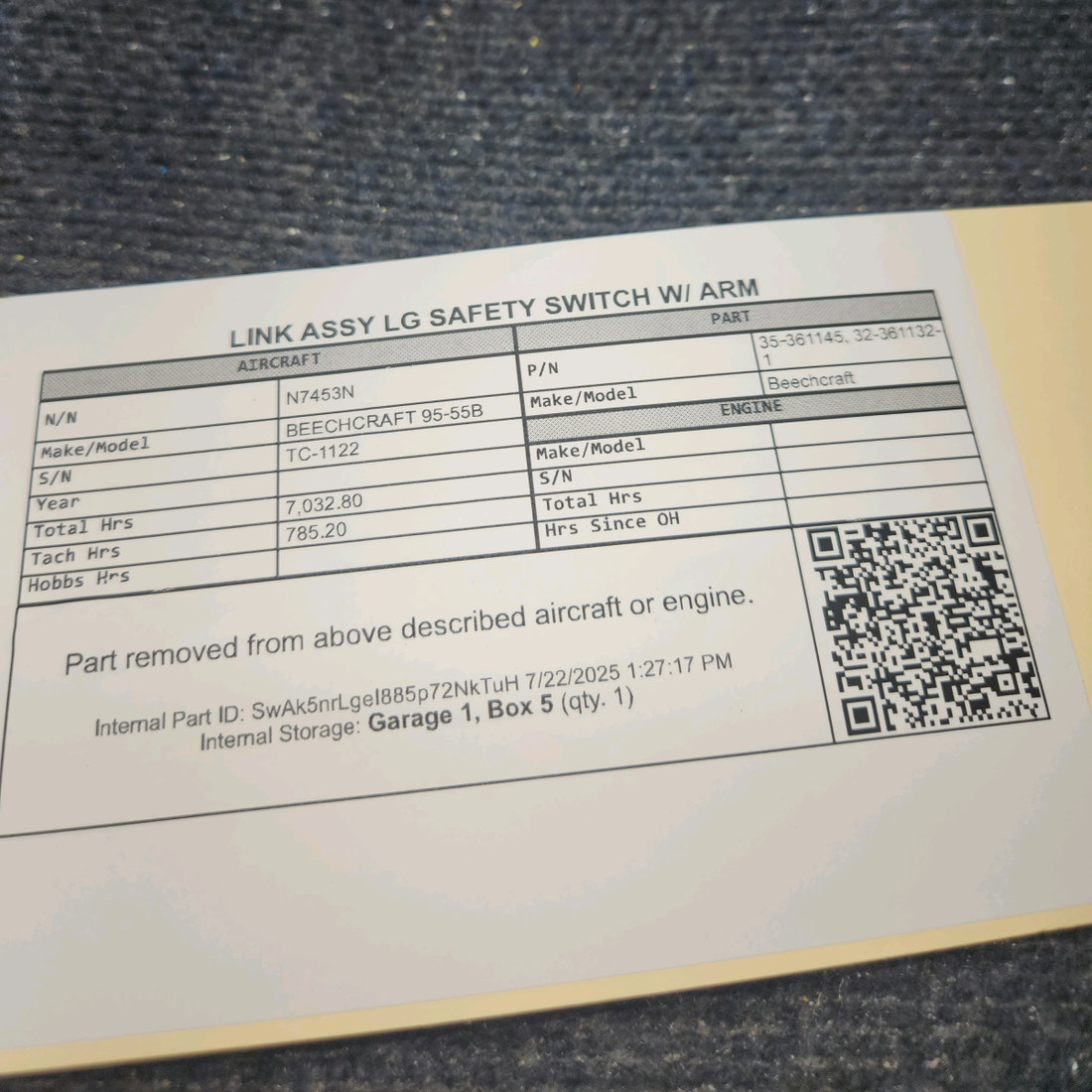 Used aircraft parts for sale, 35‑361145 BEECHCRAFT 95-55B Link Assy Landing Gear Safety Switch w/ Arm