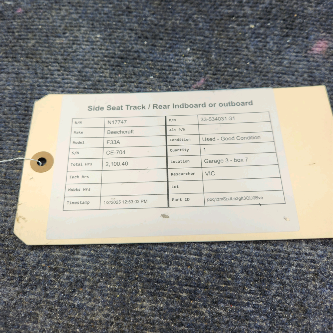 Used aircraft parts for sale, 33-534031-31 Beechcraft F33A SIDE SEAT TRACK / REAR INDBOARD OR OUTBOARD