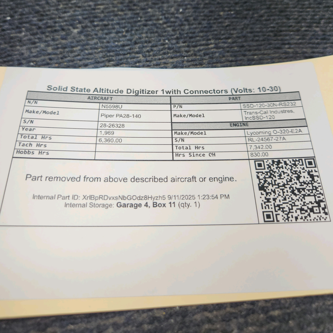 Used aircraft parts for sale, SSD-120-30N-RS232 Trans-Cal Industres, Inc SSD-120 Piper PA28-140 Solid-State Altitude Digitizer with Connectors (10–30 Volts)