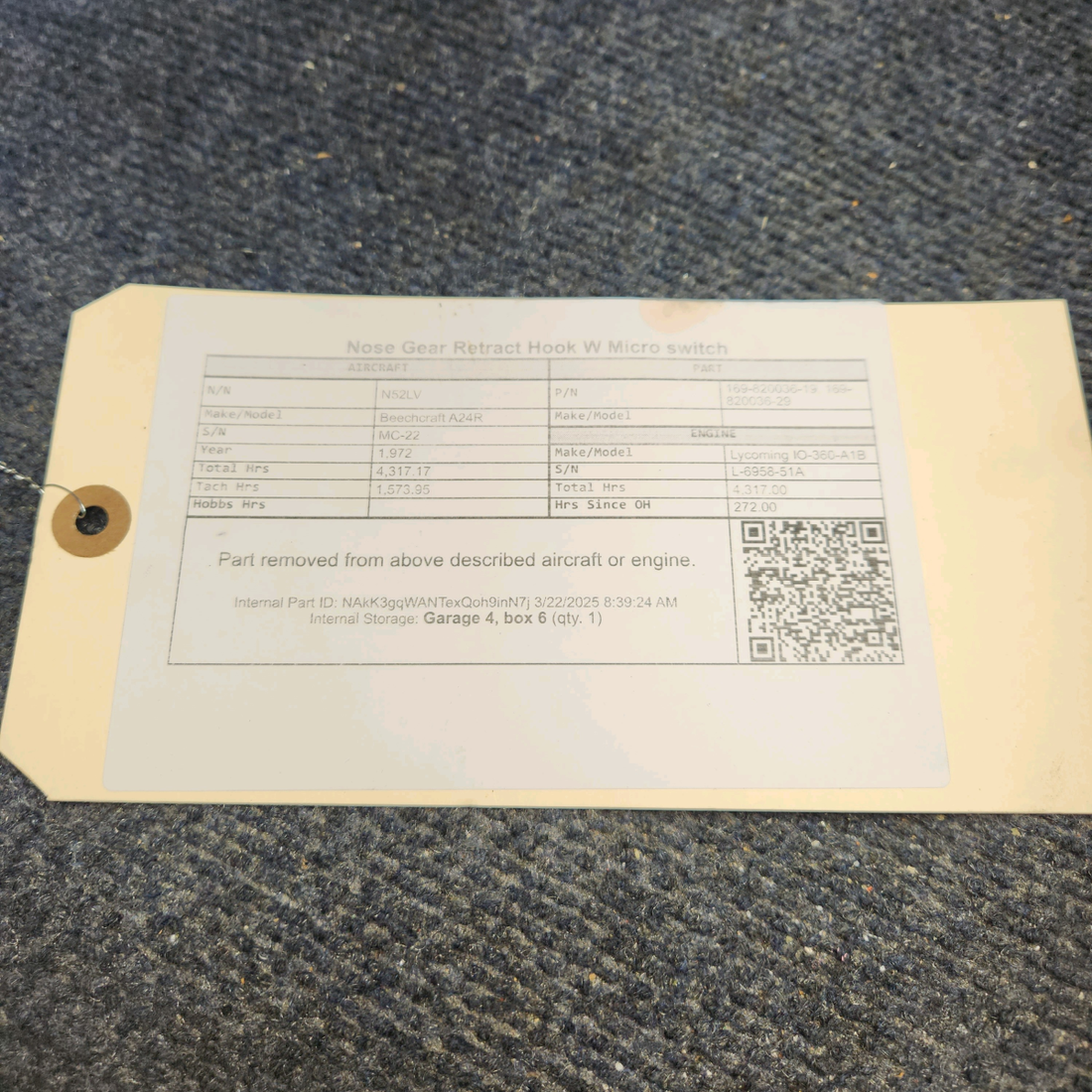 Used aircraft parts for sale, 169-820036-19 Beechcraft A24R Nose Gear Retract Hook W Micro switch