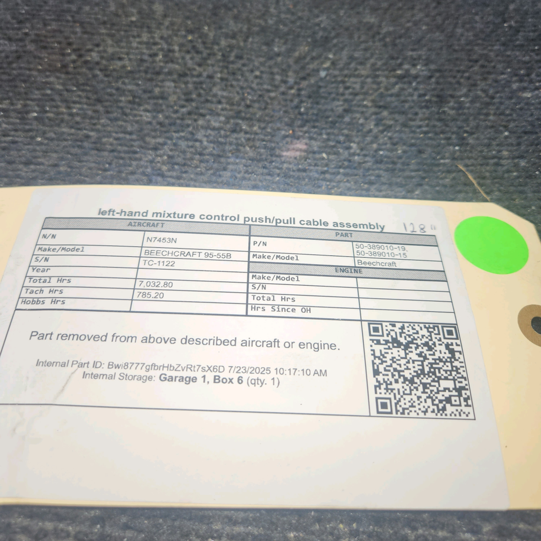 Used aircraft parts for sale, 50‑389010‑19 BEECHCRAFT 95-55B Mixture Control Push/Pull Cable Assembly - LH 128"