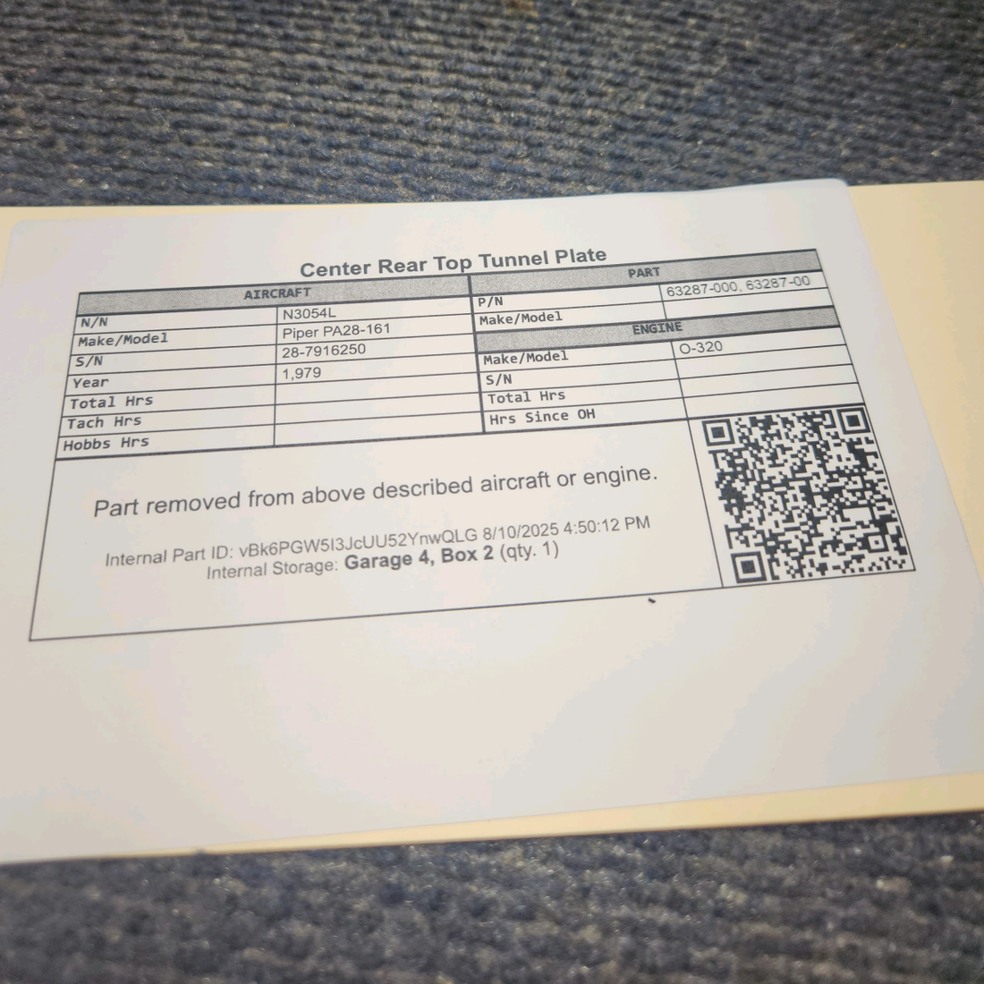 Used aircraft parts for sale, 63287-000 Piper PA28-161 Center Rear Top Tunnel Plate