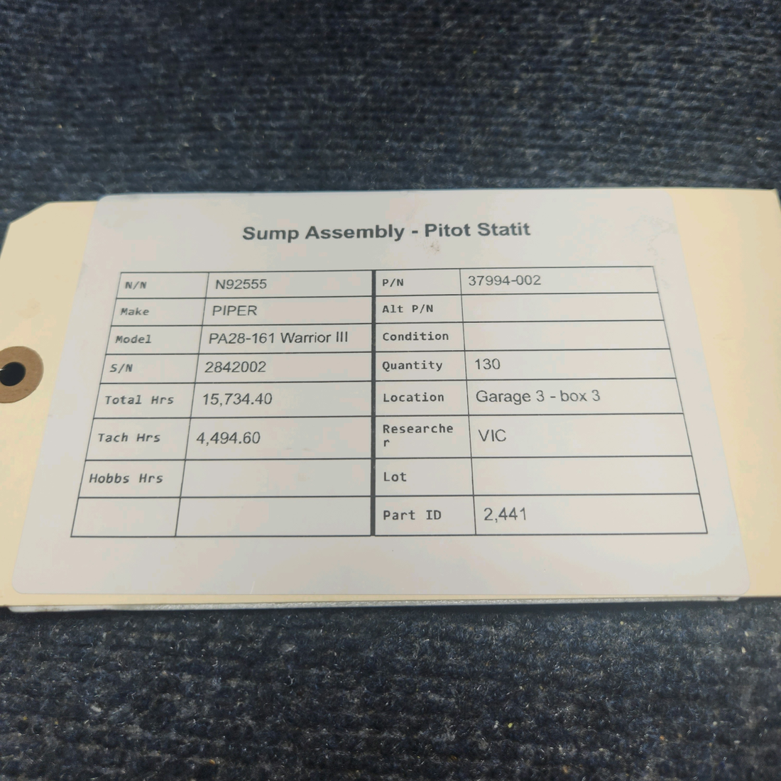Used aircraft parts for sale, 37994-002 PIPER PA28-161 Warrior III SUMP ASSEMBLY - PITOT STATIT