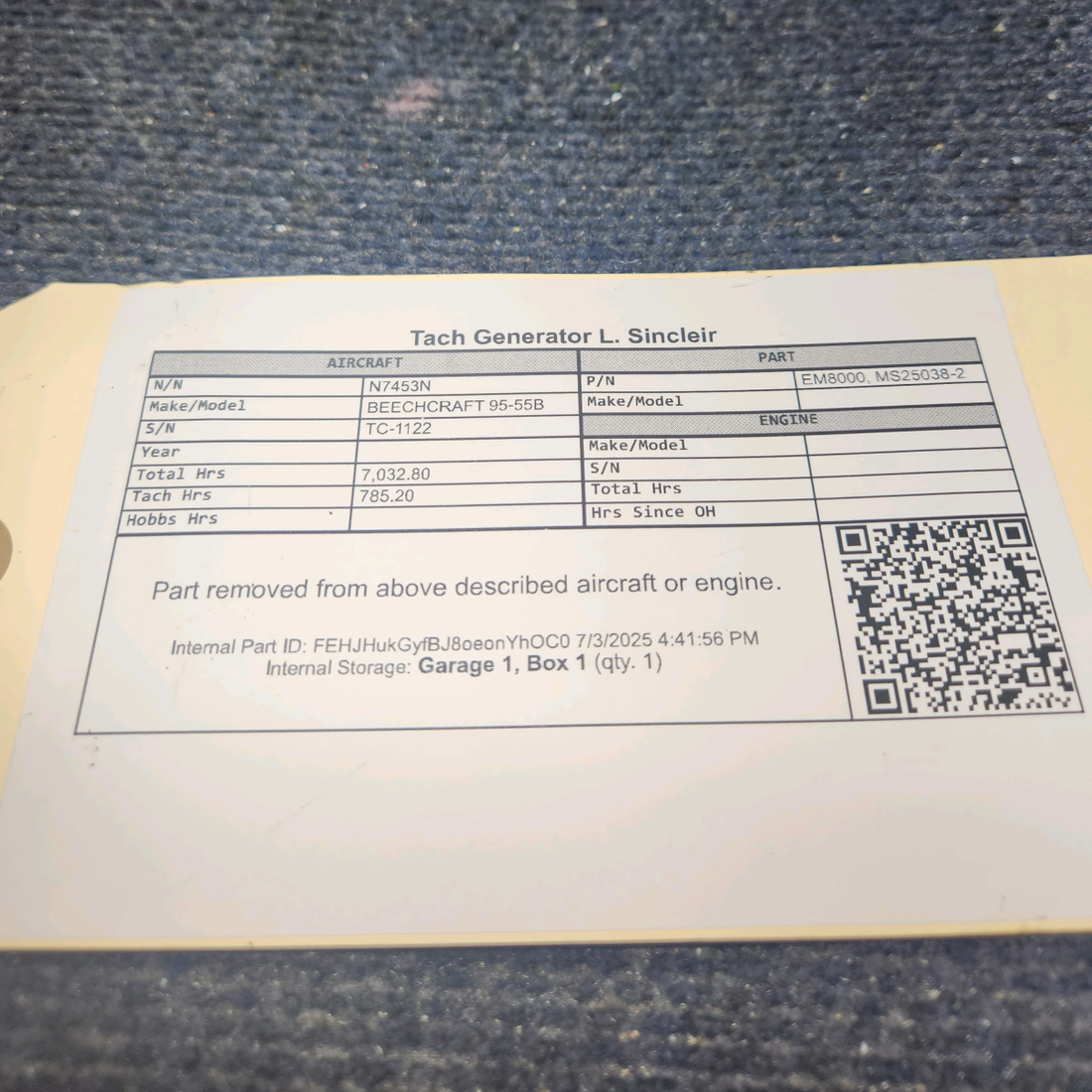 Used aircraft parts for sale, MS25038-2 L. Sincleir BEECHCRAFT 95-55B Tach Generator