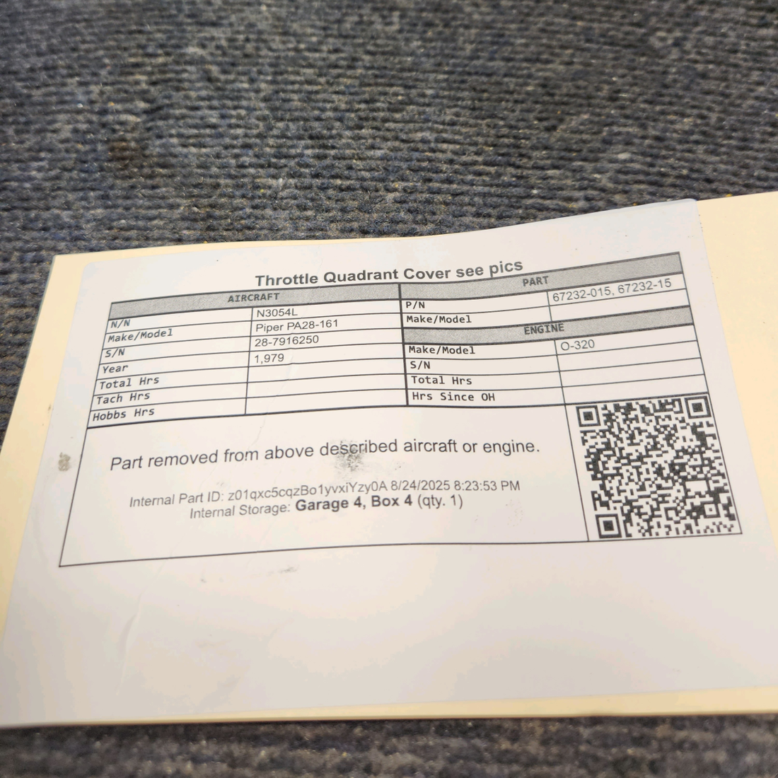 Used aircraft parts for sale, 67232-015 Piper PA28-161 Throttle Quadrant Cover (See Photos)