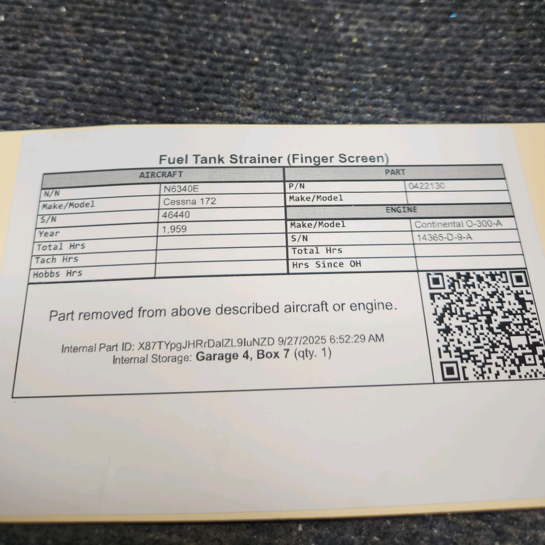 Used aircraft parts for sale, 0422130 Cessna 172 Fuel Tank Strainer (Finger Screen)