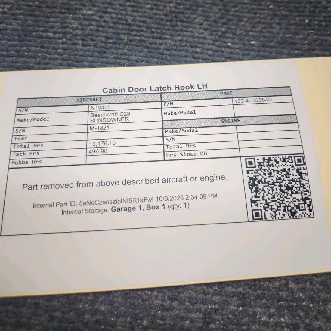 Used aircraft parts for sale, 169-420036-93 Beechcraft C23 SUNDOWNER Cabin Door Latch Hook - LH