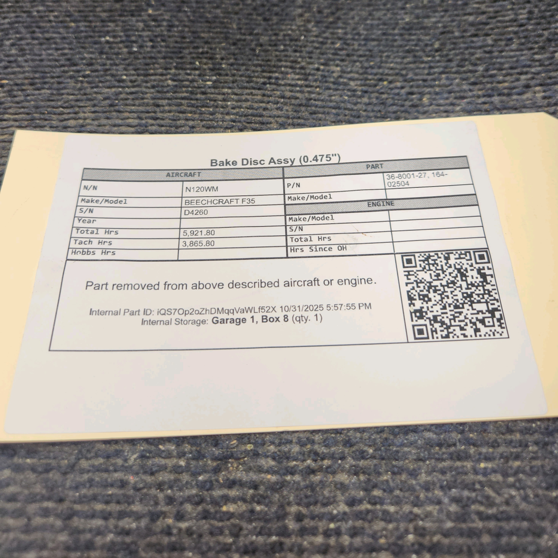 Used aircraft parts for sale, 36-8001-27 BEECHCRAFT F35 Brake Disc Assy (0.475")
