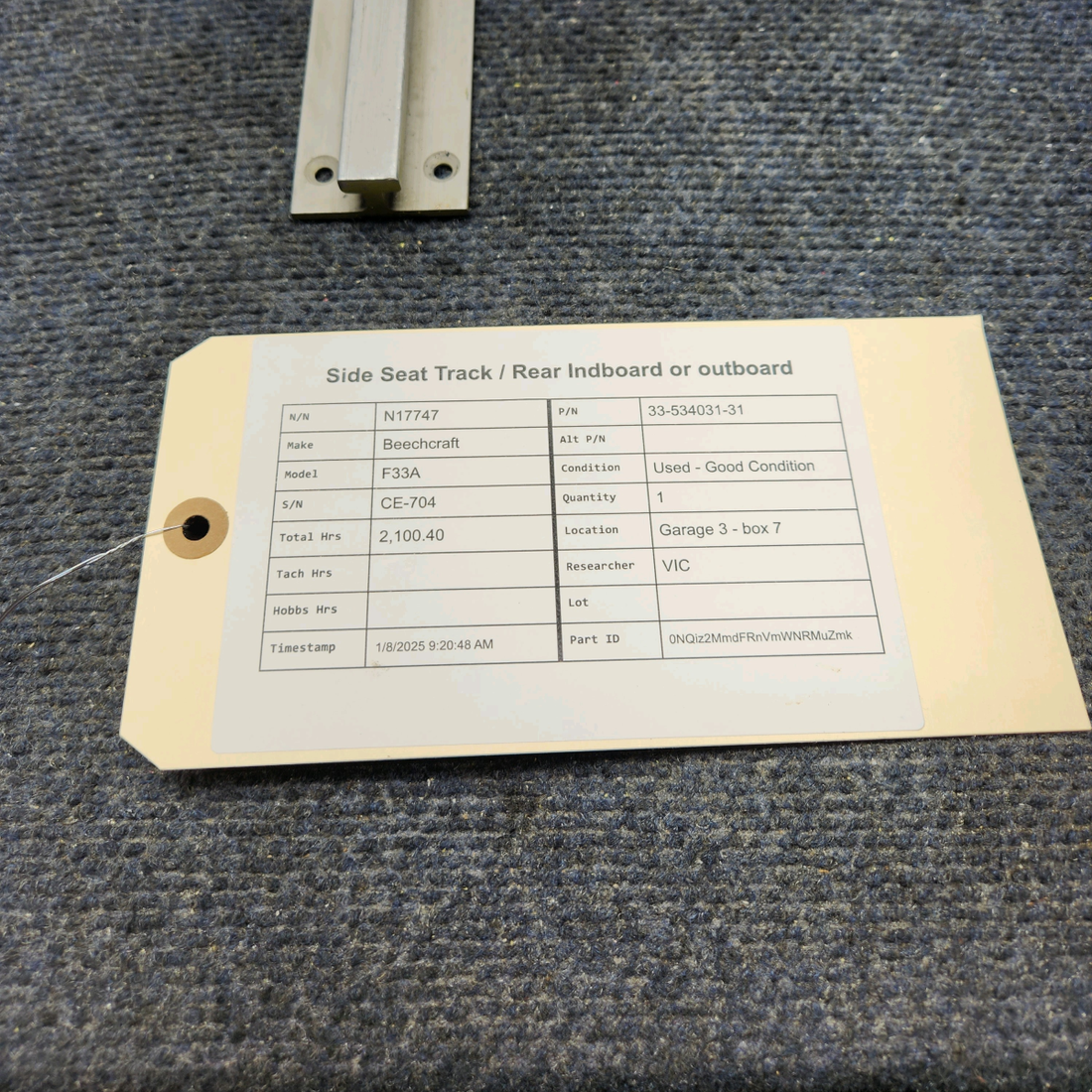 Used aircraft parts for sale, 33-534031-31 Beechcraft F33A SIDE SEAT TRACK / REAR INDBOARD OR OUTBOARD