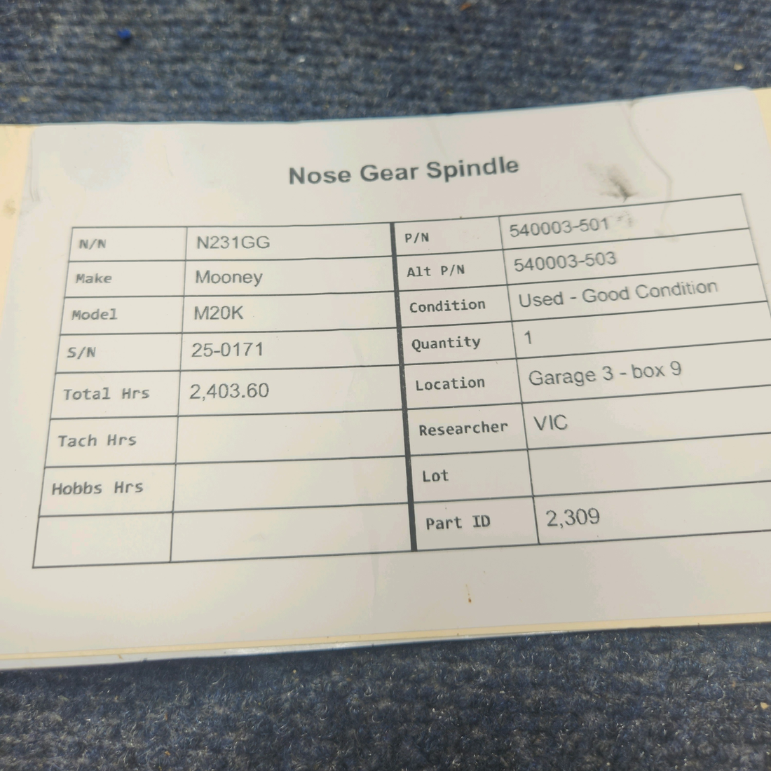Used aircraft parts for sale, 540003-501 Mooney M20K NOSE GEAR SPINDLE