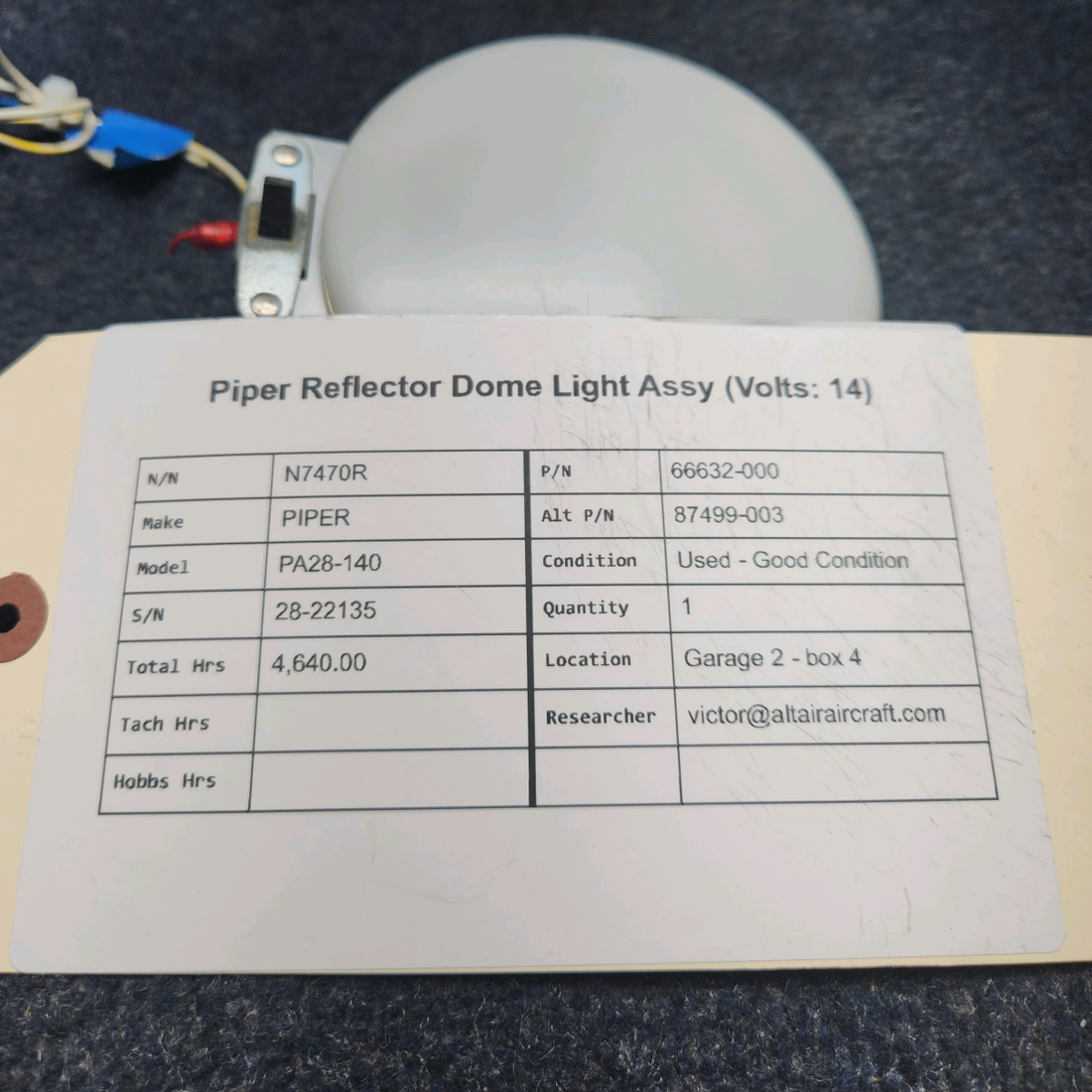 Used aircraft parts for sale, 66632-000 PIPER PA28-140 REFLECTOR DOME LIGHT ASSY (VOLTS: 14)