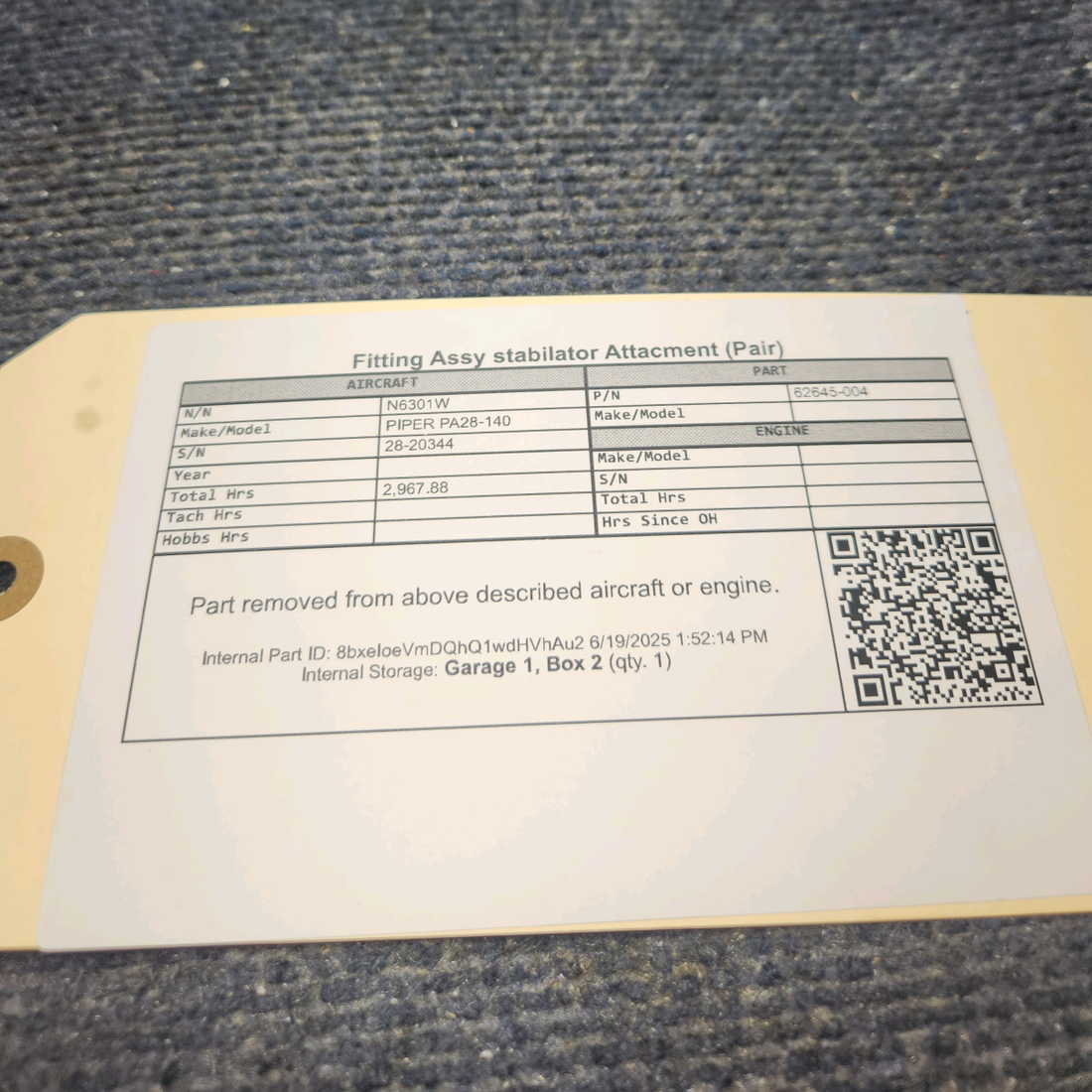 Used aircraft parts for sale, 62645-004 PIPER PA28-140 Fitting Assy Stabilator Attachment (Pair)