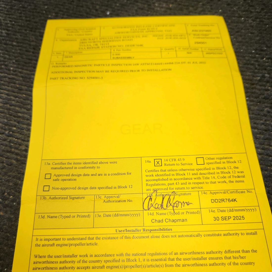 Used aircraft parts for sale, 530535 Continental O-300D Cessna 172F Camshaft Gear