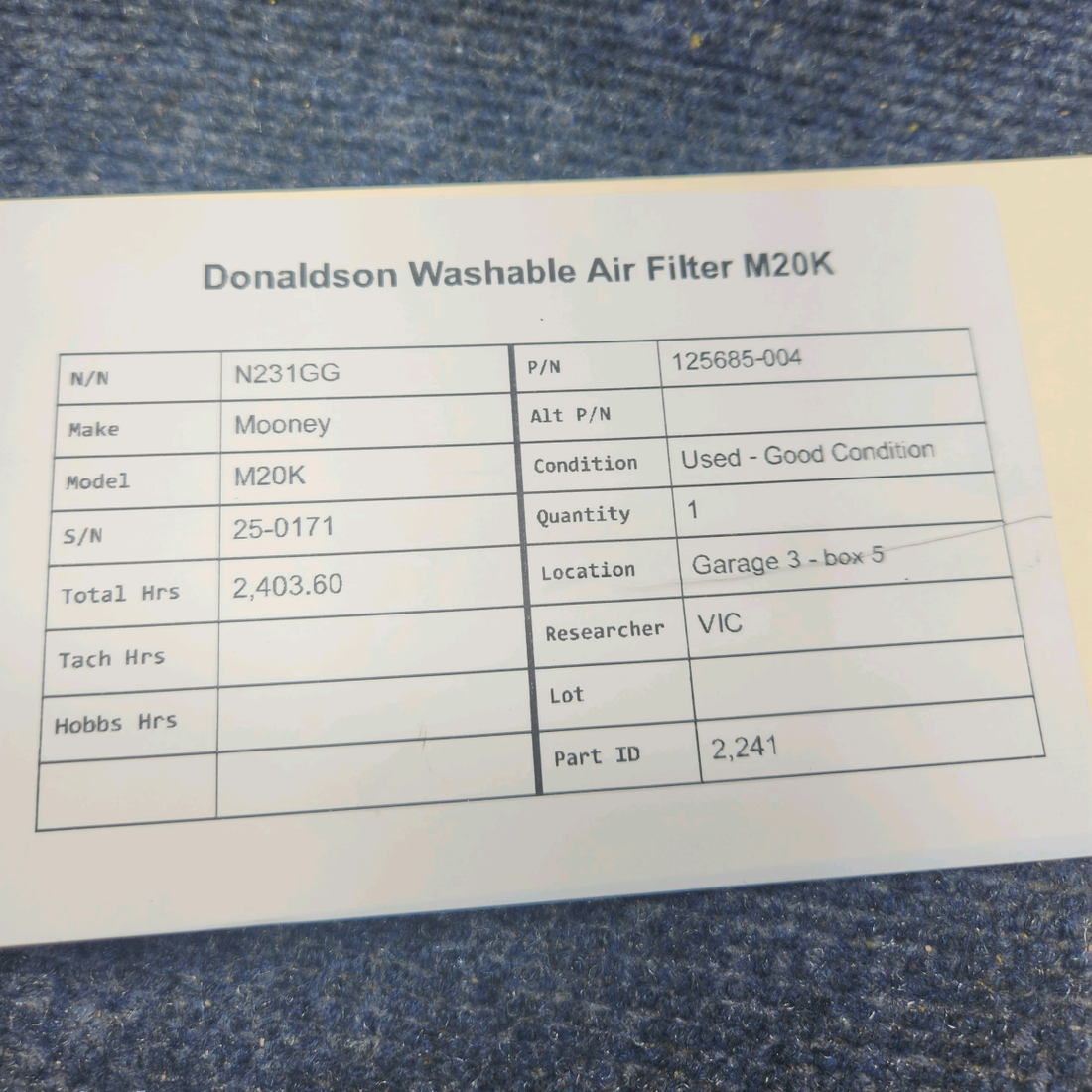 Used aircraft parts for sale, 125685-004 Mooney M20K DONALDSON WASHABLE AIR FILTER M20K