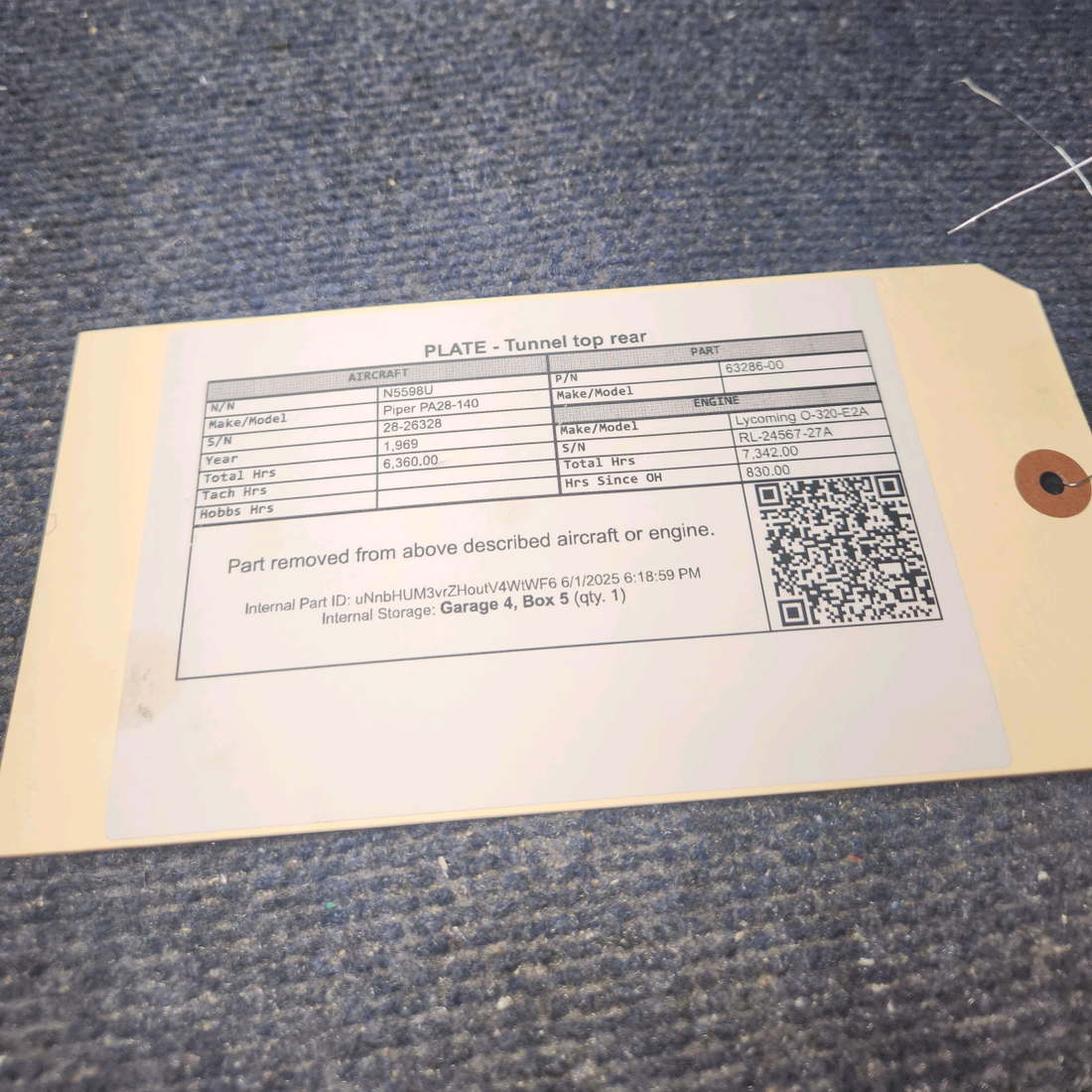 Used aircraft parts for sale, 63286-00 Piper PA28-140 Top Rear Tunnel Plate