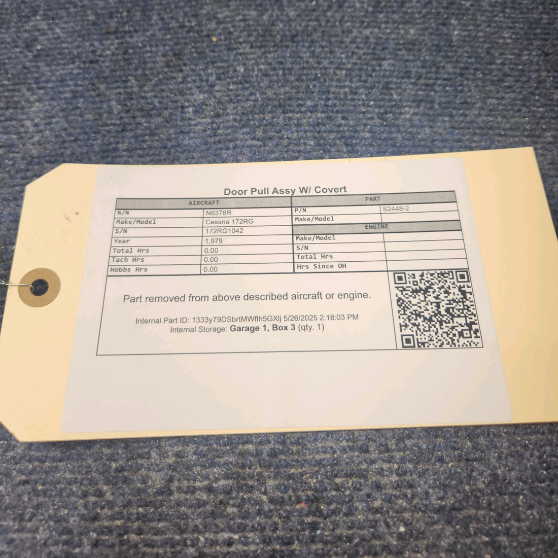 Used aircraft parts for sale, S2448-2 Cessna 172RG DOOR PULL ASSY