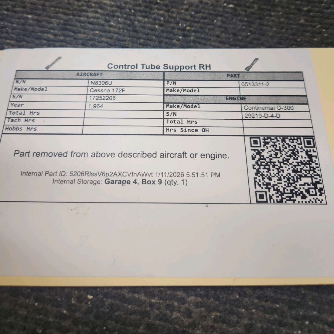 Used aircraft parts for sale, 0513311-2 Cessna 172F Control Tube Support RH
