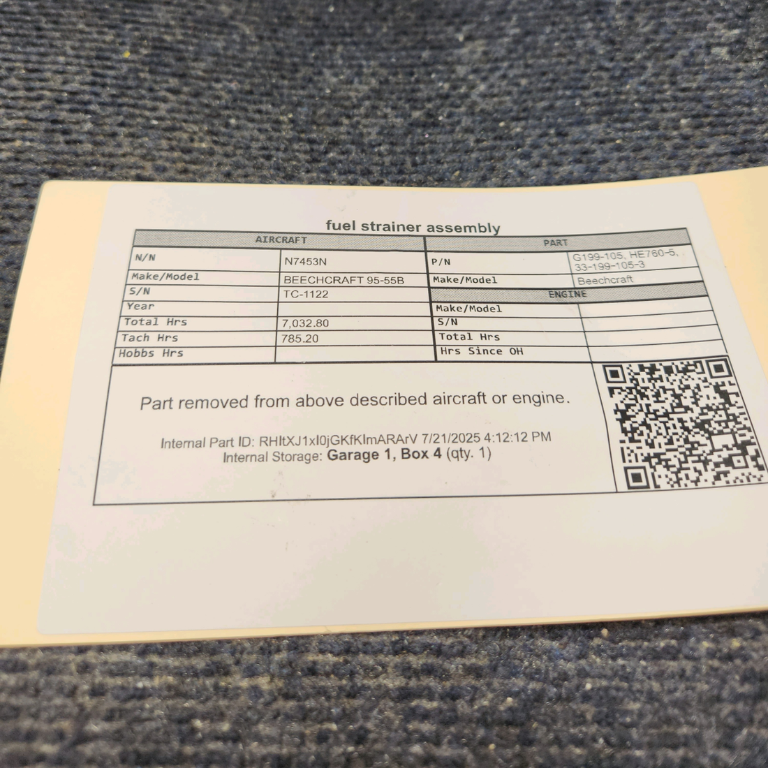 Used aircraft parts for sale, G199-105 BEECHCRAFT 95-55B Fuel Strainer Assembly