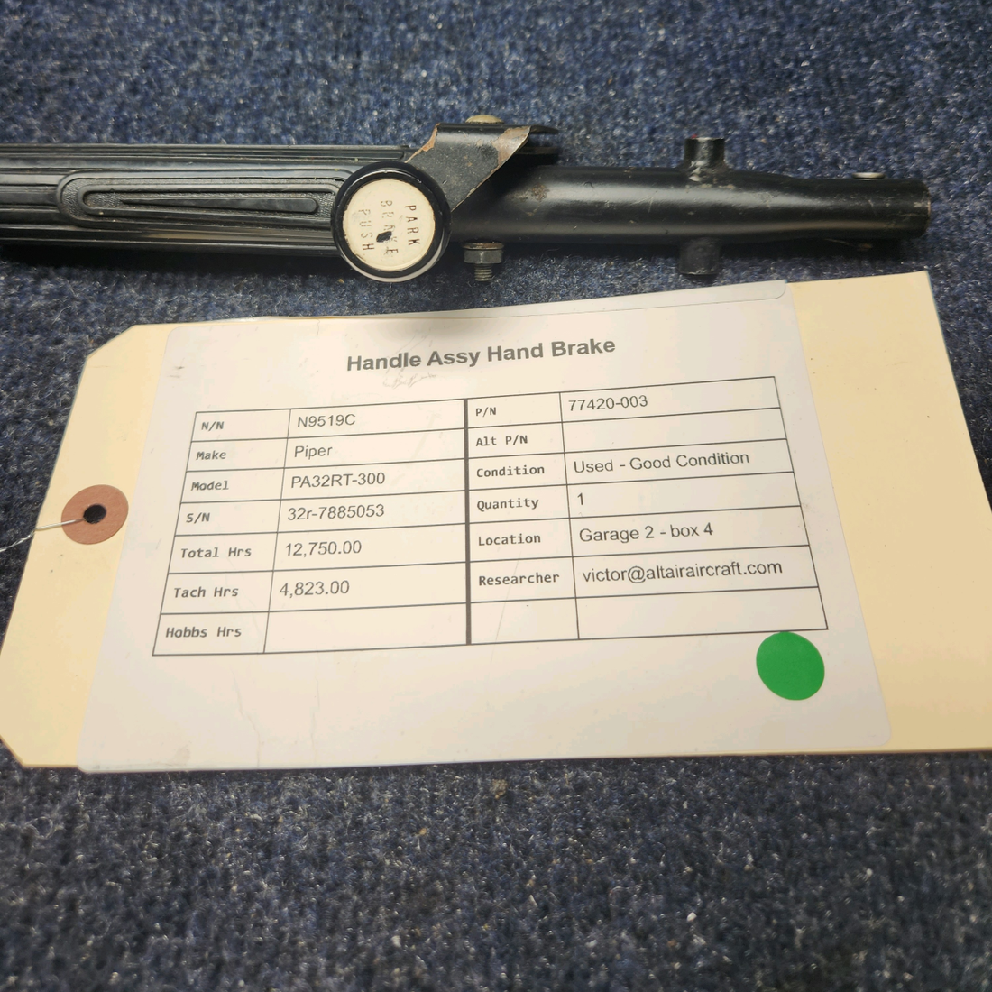 Used aircraft parts for sale, 77420-003 Piper PA32RT-300 HANDLE ASSY HAND BRAKE