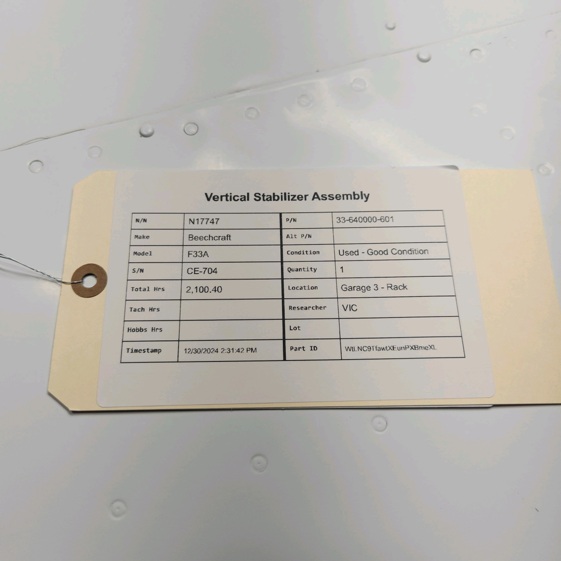 Used aircraft parts for sale, 33-640000-601 Beechcraft F33A VERTICAL STABILIZER ASSEMBLY