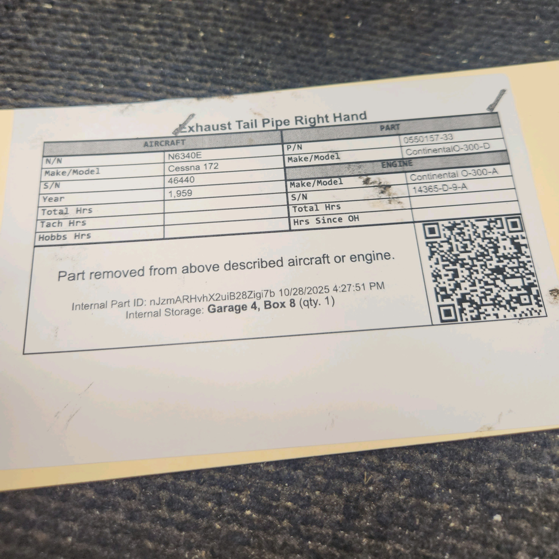 Used aircraft parts for sale, 0550157-33 Continental O-300-D Cessna 172 Exhaust Tail Pipe - RH