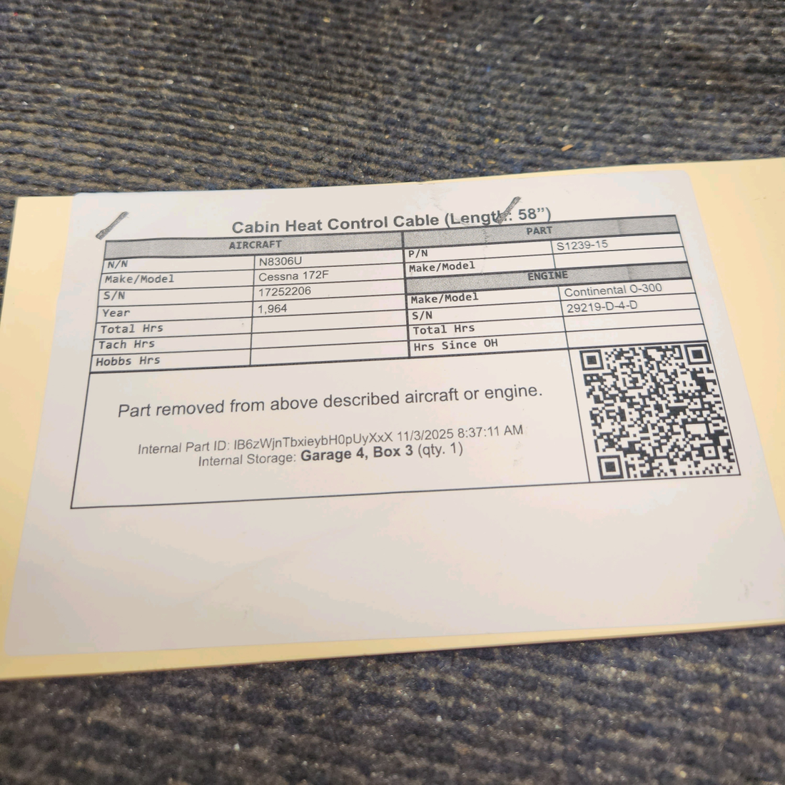 Used aircraft parts for sale, S1239-15 Cessna 172F Cabin Heat Control Cable (Length: 58”)